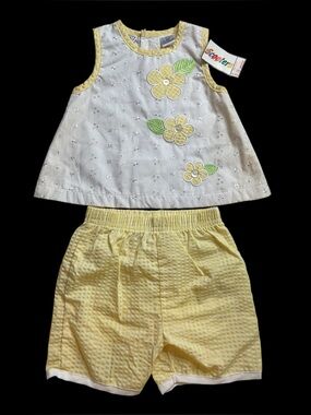 Scooters 90s Vtg Baby Yellow White Floral Gingham Outfit Shorts Set Sz 18M